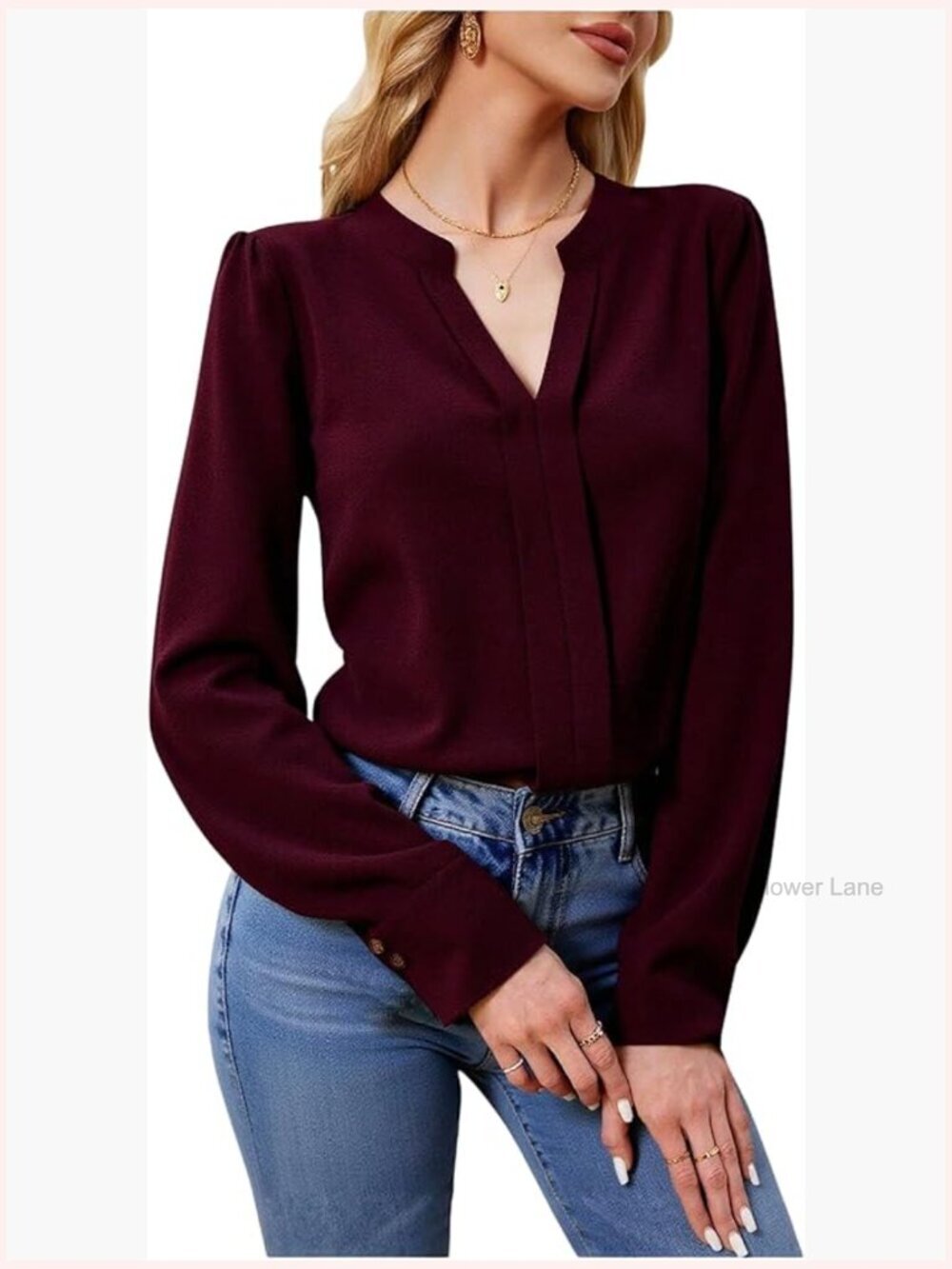 Elegant Long Sleeve Blouse Notch V Neck Dressy Casual Office Tops for Women